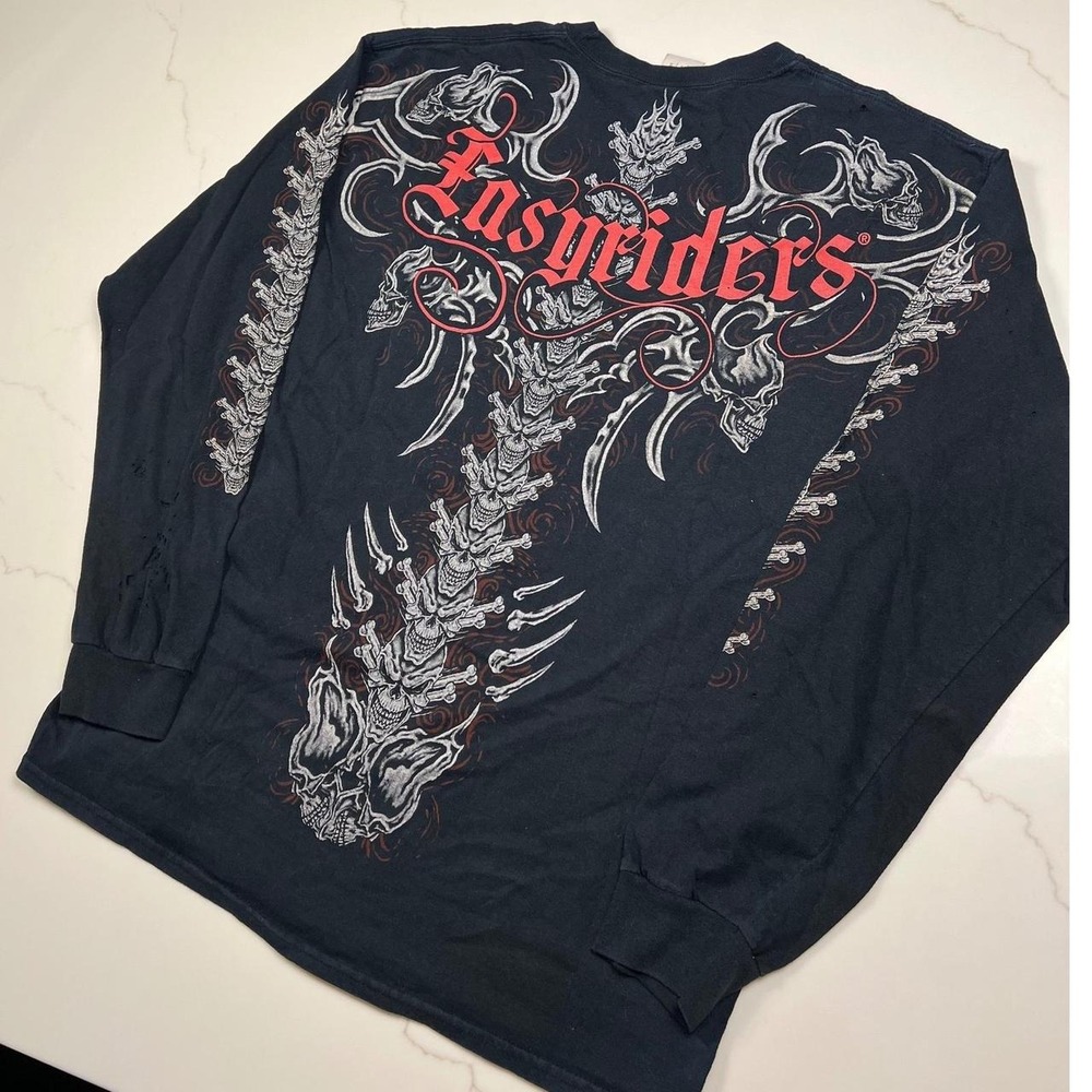 Easyriders Long Sleeve Shirt Mens Black Gothic Skull Spine Graphic Distressed